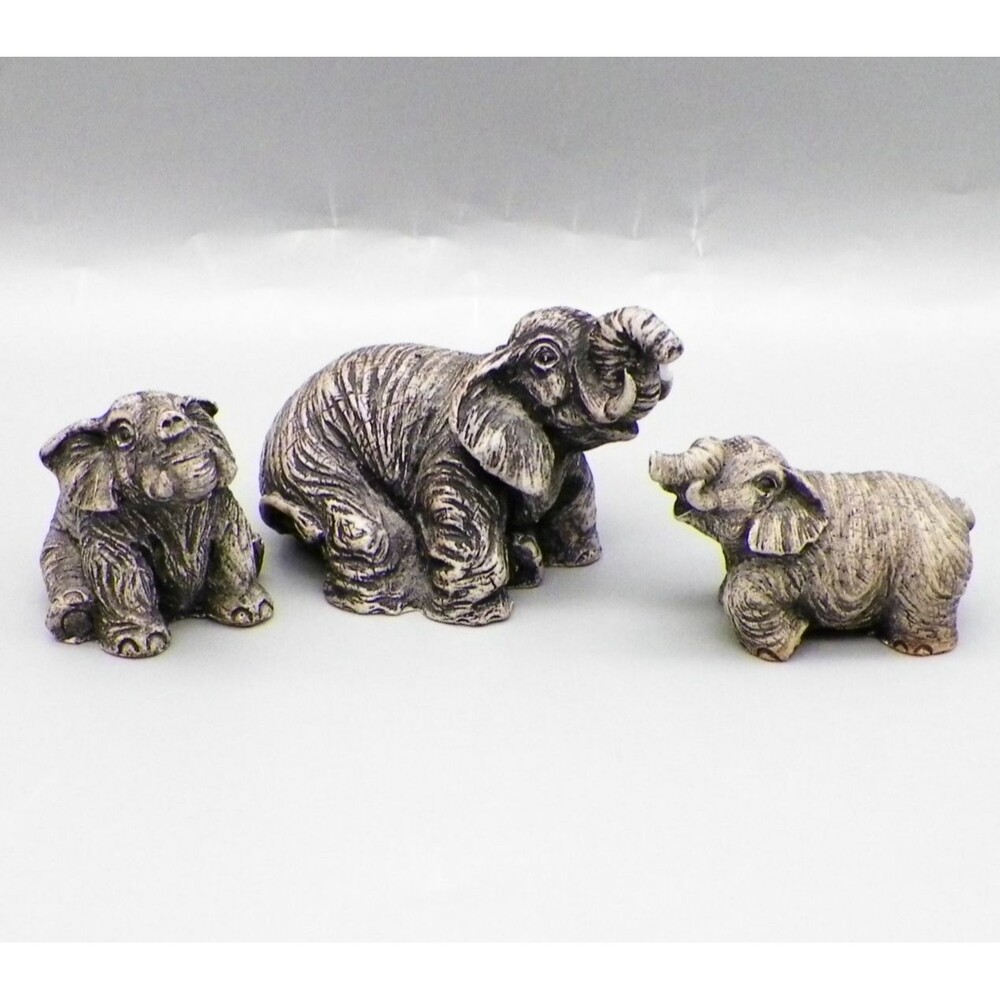 Elephants Mom and Two Baby Calves Resin Figurines Trunks Up Gray Very Wrinkled
